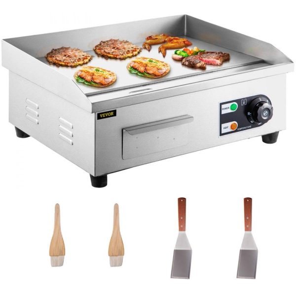 Cooking Equipment | Commercial Electric Griddle, 18″ Teppanyaki Grill, 1600W Electric Flat Top Grill, Stainless Steel Electric Countertop Griddle w/Drip Hole, 50-300℃ Countertop Griddle for Pancake, Chicken Cooking Equipment Cooking Equipment