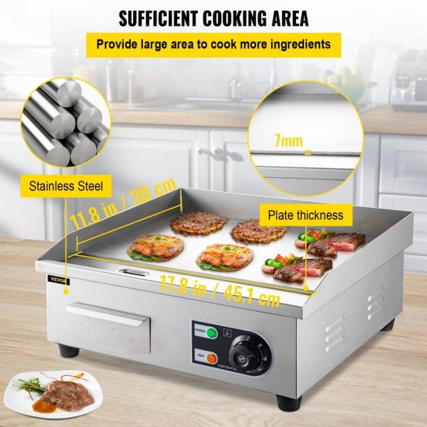 Cooking Equipment | Commercial Electric Griddle, 18″ Teppanyaki Grill, 1600W Electric Flat Top Grill, Stainless Steel Electric Countertop Griddle w/Drip Hole, 50-300℃ Countertop Griddle for Pancake, Chicken Cooking Equipment Cooking Equipment