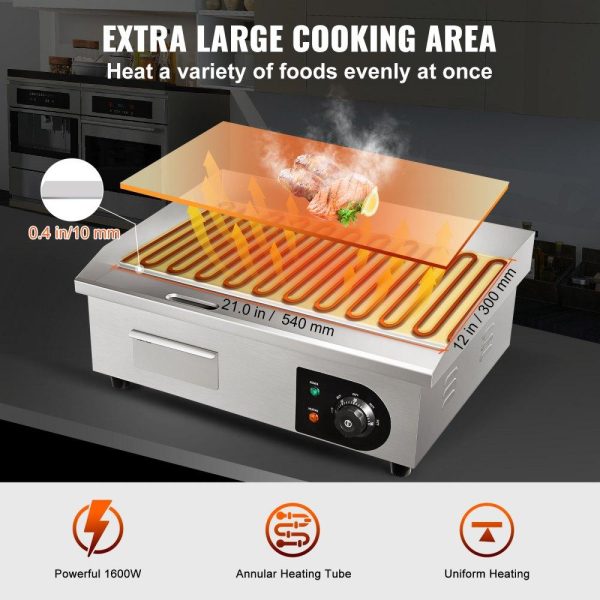 Cooking Equipment | Commercial Electric Griddle, 21″, 1600W Countertop Flat Top Grill, Stainless Steel Teppanyaki Grill with Non Stick Iron Cooking Plate, 122-572℉ Adjustable Temp Control 2 Shovels & Brushes, 110V Cooking Equipment Cooking Equipment