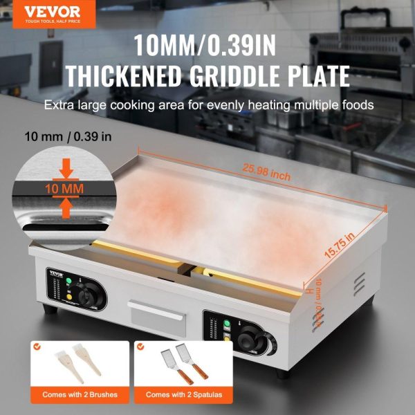 Cooking Equipment | Commercial Electric Griddle, 2800W Countertop Flat Top Grill, 122℉-572 ℉ Adjustable Temp, 25.98 x 15.75 x 0.39in Stainless Steel Griddle Grill with 2 Shovels and 2 Brushes for Home or Restaurant Cooking Equipment Cooking Equipment