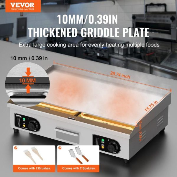 Cooking Equipment | Commercial Electric Griddle, 2800W Countertop Flat Top Grill, 122℉-572 ℉ Adjustable Temp, 28.74 x 15.75 x 0.39in Stainless Steel Griddle Grill with 2 Shovels and 2 Brushes for Home or Restaurant Cooking Equipment Cooking Equipment