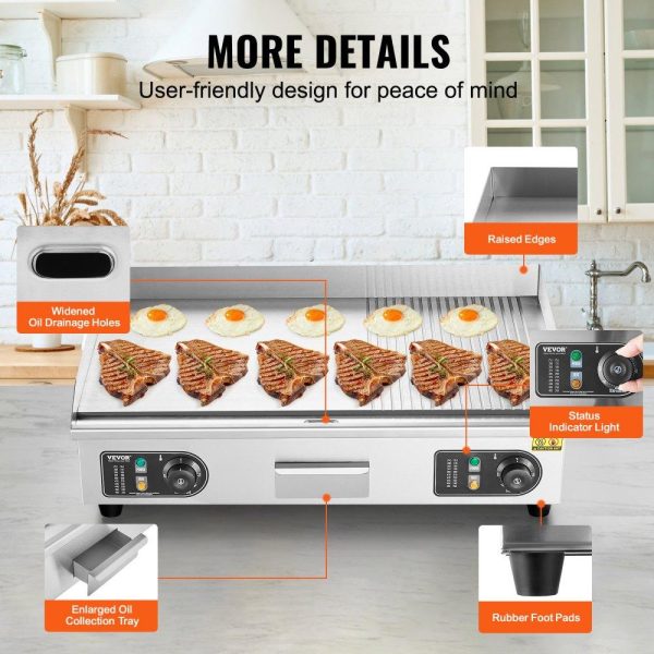 Cooking Equipment | Commercial Electric Griddle, 2800W Countertop Half-Flat Top Grill, 122℉-572℉ Adjustable Temp, 28.74×15.75×0.39in Stainless Steel Griddle Grill with 2 Shovels and 2 Brushes for Home or Restaurant Cooking Equipment Cooking Equipment