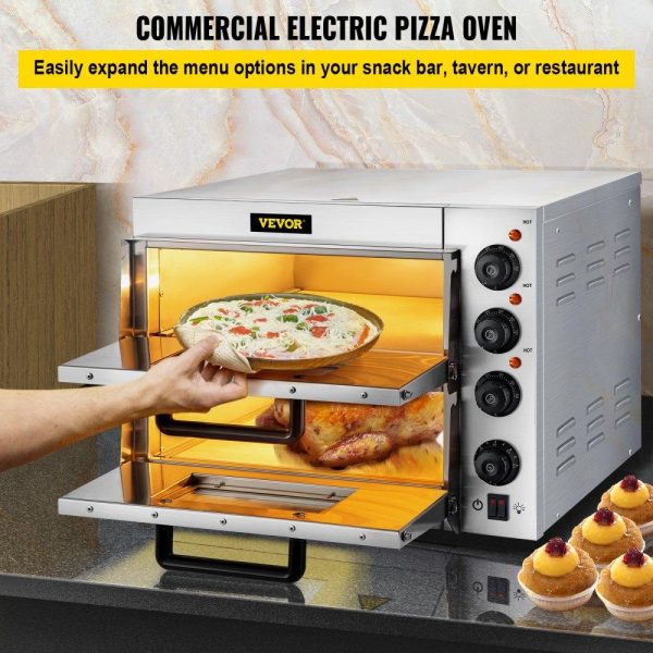 Cooking Equipment | Commercial Pizza Oven Countertop, 14″ Double Deck Layer, 110V 1950W Stainless Steel Electric Pizza Oven with Stone and Shelf, Multipurpose Indoor Pizza Maker for Restaurant Home Pretzels Baked Cooking Equipment Cooking Equipment