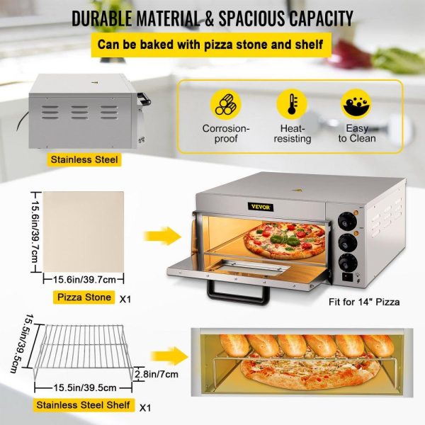 Cooking Equipment | Commercial Pizza Oven Countertop, 14″ Single Deck Layer, 110V 1300W Stainless Steel Electric Pizza Oven with Stone and Shelf, Multipurpose Indoor Pizza Maker for Restaurant Home Pretzels Baked Cooking Equipment Cooking Equipment