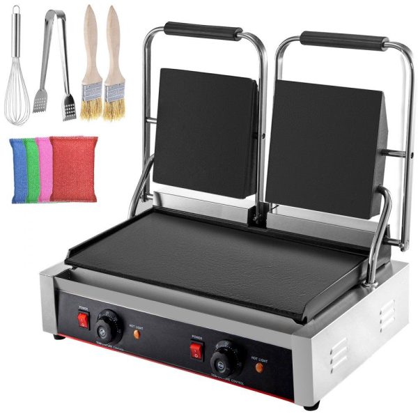 Cooking Equipment | Commercial Sandwich Panini Press Grill, 2X1800W Double Flat Plates Electric Stainless Steel Sandwich Maker, Temperature Control 122°F-572°F Non Stick Surface for Hamburgers Steaks Bacons. Cooking Equipment Cooking Equipment