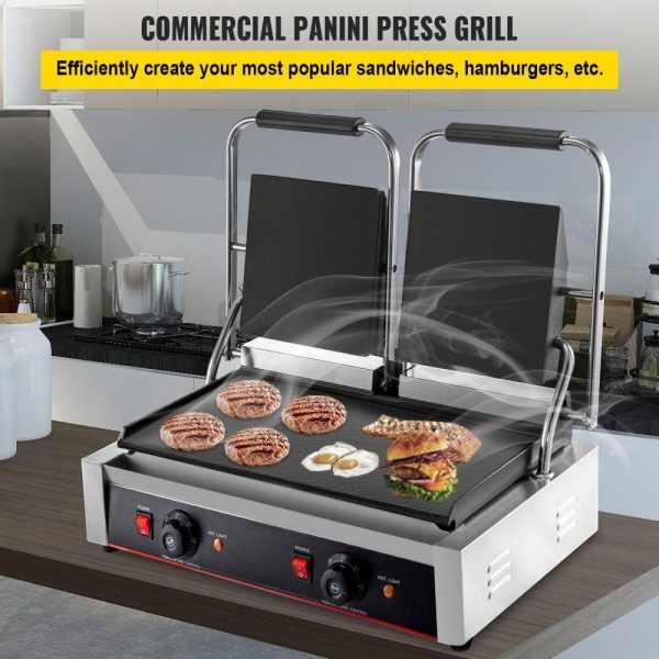 Cooking Equipment | Commercial Sandwich Panini Press Grill, 2X1800W Double Flat Plates Electric Stainless Steel Sandwich Maker, Temperature Control 122°F-572°F Non Stick Surface for Hamburgers Steaks Bacons. Cooking Equipment Cooking Equipment