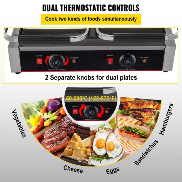 Cooking Equipment | Commercial Sandwich Panini Press Grill, 2X1800W Double Flat Plates Electric Stainless Steel Sandwich Maker, Temperature Control 122°F-572°F Non Stick Surface for Hamburgers Steaks Bacons. Cooking Equipment Cooking Equipment