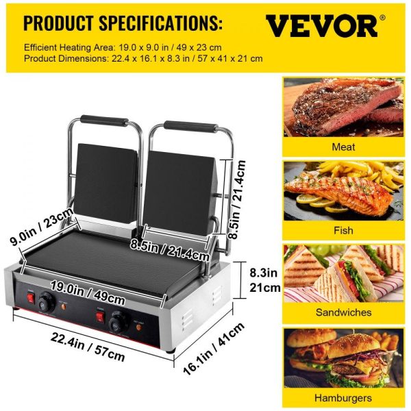 Cooking Equipment | Commercial Sandwich Panini Press Grill, 2X1800W Double Flat Plates Electric Stainless Steel Sandwich Maker, Temperature Control 122°F-572°F Non Stick Surface for Hamburgers Steaks Bacons. Cooking Equipment Cooking Equipment