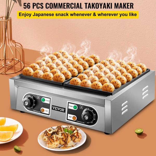 Cooking Equipment | Commercial Takoyaki Maker, 56PCs Japanese Octopus Fish Ball Machine, 2kW Heating Takoyaki Grill Maker, Octopus Meatball Machine w/ 2 Non-Stick Plates, Fish Ball Maker w/ Independent Temp Control Cooking Equipment Cooking Equipment