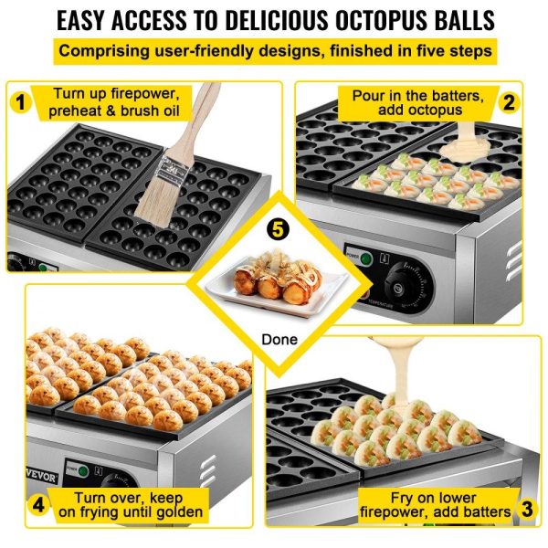 Cooking Equipment | Commercial Takoyaki Maker, 56PCs Japanese Octopus Fish Ball Machine, 2kW Heating Takoyaki Grill Maker, Octopus Meatball Machine w/ 2 Non-Stick Plates, Fish Ball Maker w/ Independent Temp Control Cooking Equipment Cooking Equipment