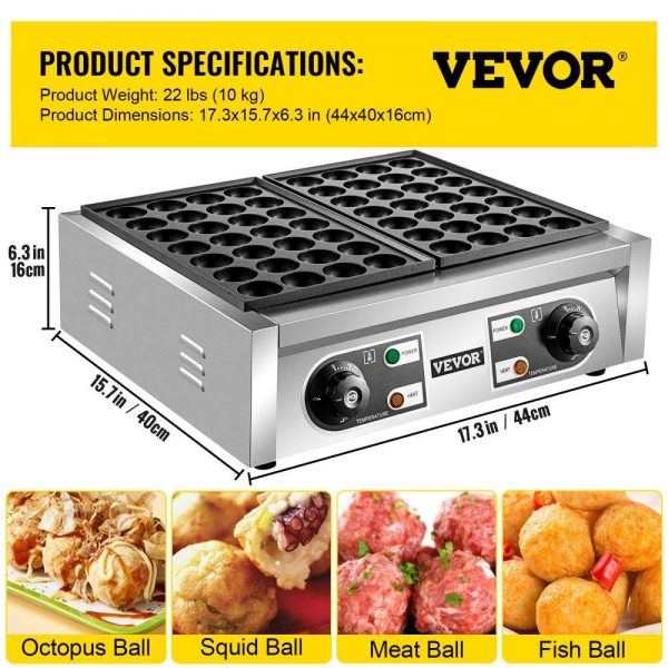 Cooking Equipment | Commercial Takoyaki Maker, 56PCs Japanese Octopus Fish Ball Machine, 2kW Heating Takoyaki Grill Maker, Octopus Meatball Machine w/ 2 Non-Stick Plates, Fish Ball Maker w/ Independent Temp Control Cooking Equipment Cooking Equipment