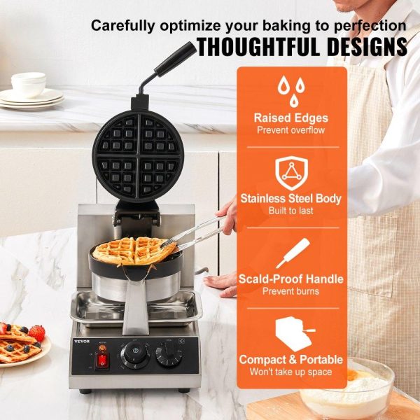 Cooking Equipment | Commerical Round Waffle Maker 1300W Rotatable Non-Stick Waffle Iron 120V Cooking Equipment Cooking Equipment