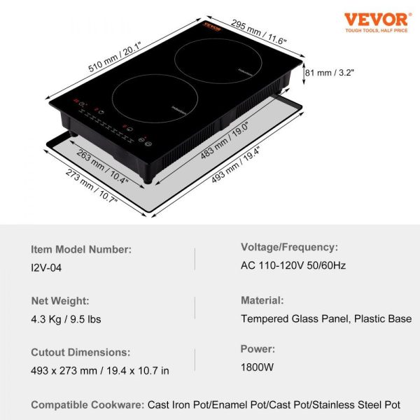 Cooking Equipment | Electric Cooktop, 2 Burners, 12” Induction Stove Top, Built-in Magnetic Cooktop 1800W, 9 Heating Level Multifunctional Burner, LED Touch Screen w/ Child Lock & Over-Temperature Protection Cooking Equipment Cooking Equipment