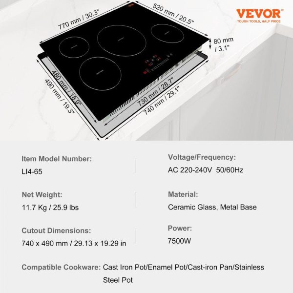 Cooking Equipment | Electric Cooktop, 4 Burners, 30” Induction Stove Top, Built-in Magnetic Cooktop 7500W, 9 Heating Level Multifunctional Burner, LED Touch Screen with Child Lock & Over-Temperature Protection Cooking Equipment Cooking Equipment