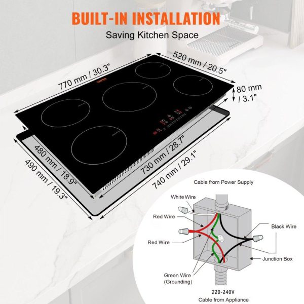 Cooking Equipment | Electric Cooktop, 5 Burners, 30” Induction Stove Top, Built-in Magnetic Cooktop 9200W, 9 Heating Level Multifunctional Burner, LED Touch Screen w/ Child Lock & Over-Temperature Protection Cooking Equipment Cooking Equipment