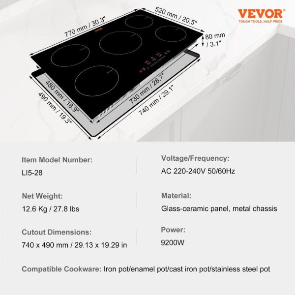 Cooking Equipment | Electric Cooktop, 5 Burners, 30” Induction Stove Top, Built-in Magnetic Cooktop 9200W, 9 Heating Level Multifunctional Burner, LED Touch Screen w/ Child Lock & Over-Temperature Protection Cooking Equipment Cooking Equipment