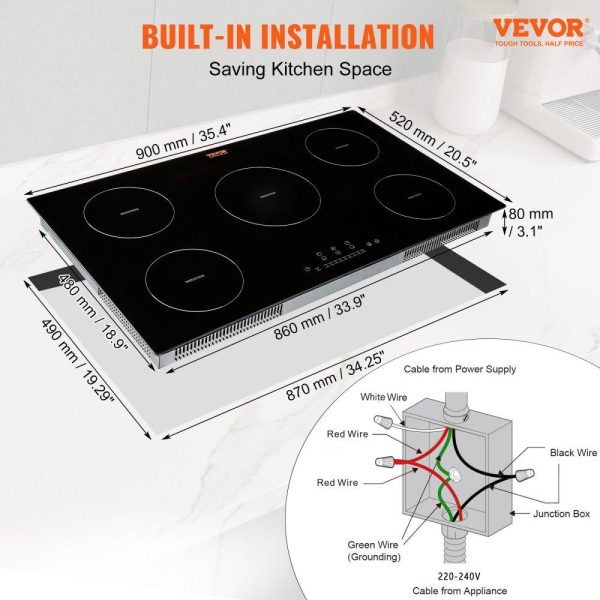 Cooking Equipment | Electric Cooktop, 5 Burners, 36” Induction Stove Top, Built-in Magnetic Cooktop 9200W, 9 Heating Level Multifunctional Burner, LED Touch Screen w/ Child Lock & Over-Temperature Protection Cooking Equipment Cooking Equipment