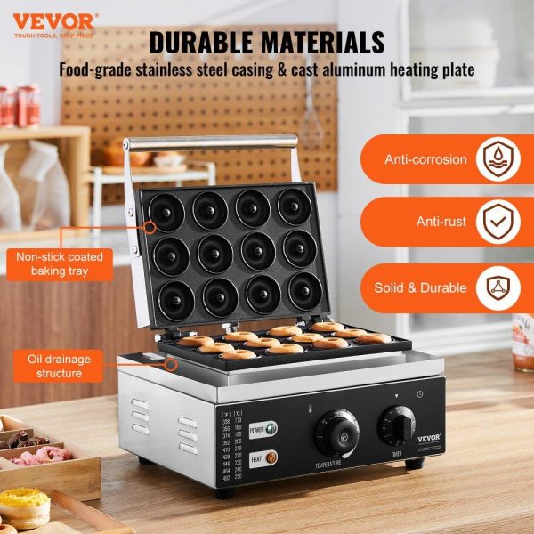 Cooking Equipment | Electric Donut Maker, 1550W Commercial Doughnut Machine with Non-stick Surface, 12 Hole Double-Sided Heating Waffle Machine Makes 12 Doughnuts, Temperature 122-572℉, for Restaurant & Home Use Cooking Equipment Cooking Equipment