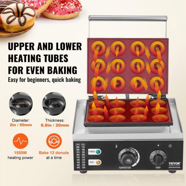 Cooking Equipment | Electric Donut Maker, 1550W Commercial Doughnut Machine with Non-stick Surface, 12 Hole Double-Sided Heating Waffle Machine Makes 12 Doughnuts, Temperature 122-572℉, for Restaurant & Home Use Cooking Equipment Cooking Equipment