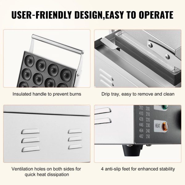Cooking Equipment | Electric Donut Maker, 1550W Commercial Doughnut Machine with Non-stick Surface, 12 Hole Double-Sided Heating Waffle Machine Makes 12 Doughnuts, Temperature 122-572℉, for Restaurant & Home Use Cooking Equipment Cooking Equipment