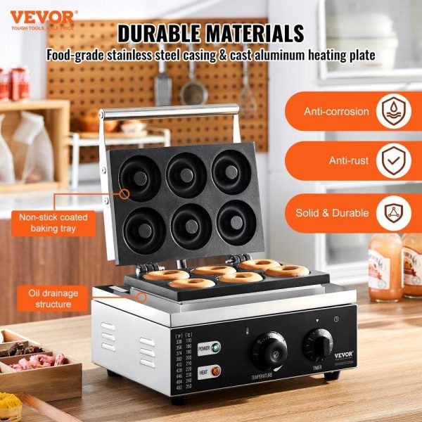 Cooking Equipment | Electric Donut Maker, 1550W Commercial Doughnut Machine with Non-stick Surface, 6 Holes Double-Sided Heating Waffle Machine Makes 6 Doughnuts, Temperature 122-572℉, for Restaurant and Home Use Cooking Equipment Cooking Equipment