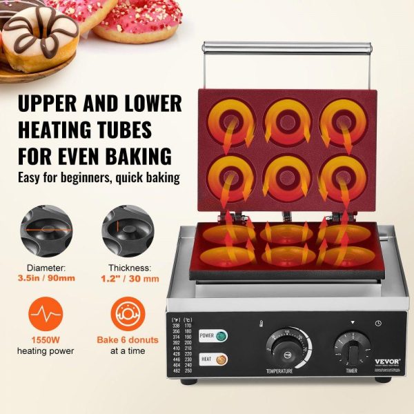 Cooking Equipment | Electric Donut Maker, 1550W Commercial Doughnut Machine with Non-stick Surface, 6 Holes Double-Sided Heating Waffle Machine Makes 6 Doughnuts, Temperature 122-572℉, for Restaurant and Home Use Cooking Equipment Cooking Equipment