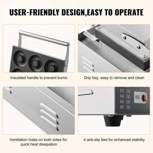 Cooking Equipment | Electric Donut Maker, 1550W Commercial Doughnut Machine with Non-stick Surface, 6 Holes Double-Sided Heating Waffle Machine Makes 6 Doughnuts, Temperature 122-572℉, for Restaurant and Home Use Cooking Equipment Cooking Equipment