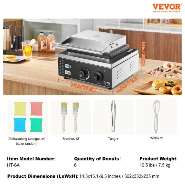 Cooking Equipment | Electric Donut Maker, 1550W Commercial Doughnut Machine with Non-stick Surface, 6 Holes Double-Sided Heating Waffle Machine Makes 6 Doughnuts, Temperature 122-572℉, for Restaurant and Home Use Cooking Equipment Cooking Equipment