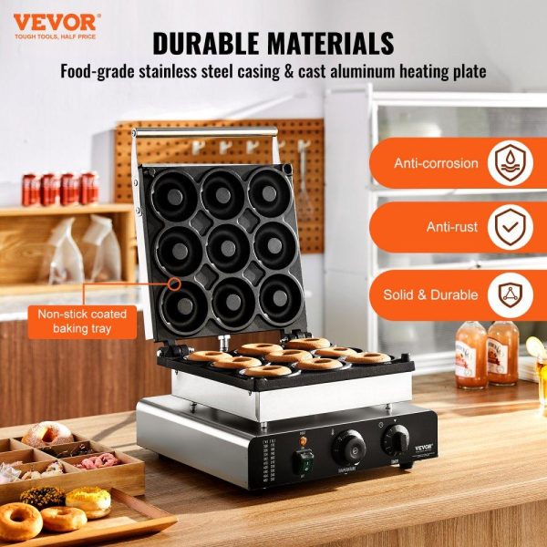 Cooking Equipment | Electric Donut Maker, 2000W Commercial Doughnut Machine with Non-stick Surface, 9 Holes Double-Sided Heating Waffle Machine Makes 9 Doughnuts, Temperature 122-572℉, for Restaurant and Home Use Cooking Equipment Cooking Equipment