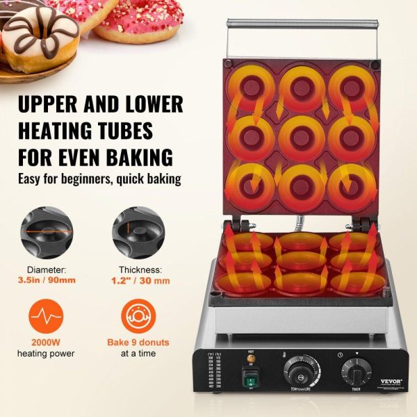 Cooking Equipment | Electric Donut Maker, 2000W Commercial Doughnut Machine with Non-stick Surface, 9 Holes Double-Sided Heating Waffle Machine Makes 9 Doughnuts, Temperature 122-572℉, for Restaurant and Home Use Cooking Equipment Cooking Equipment