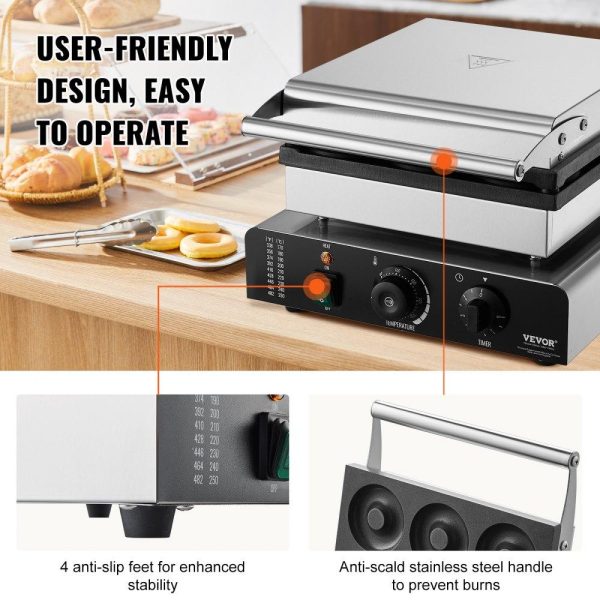 Cooking Equipment | Electric Donut Maker, 2000W Commercial Doughnut Machine with Non-stick Surface, 9 Holes Double-Sided Heating Waffle Machine Makes 9 Doughnuts, Temperature 122-572℉, for Restaurant and Home Use Cooking Equipment Cooking Equipment