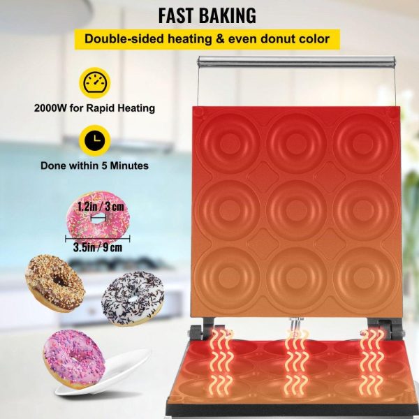 Cooking Equipment | Electric Donut Maker, 9 Holes Commercial Donut Machine, 2000W Electric Doughnut Machine, Double-Sided Heating Commercial Donut Maker, for Home & Commercial Use with Non-stick Teflon Coating Cooking Equipment Cooking Equipment