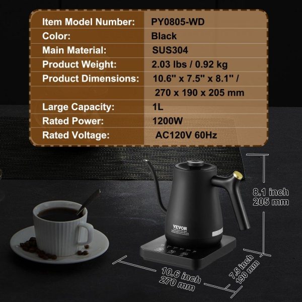 Cooking Equipment | Electric Gooseneck Kettle 1L, Temperature Control Pour Over Coffee Kettle with 5 Variable Presets, 304 Food Grade Stainless Steel Hot Water Tea Boiler & Boil-Dry Protection, Keep Warm, 1200W Cooking Equipment Cooking Equipment