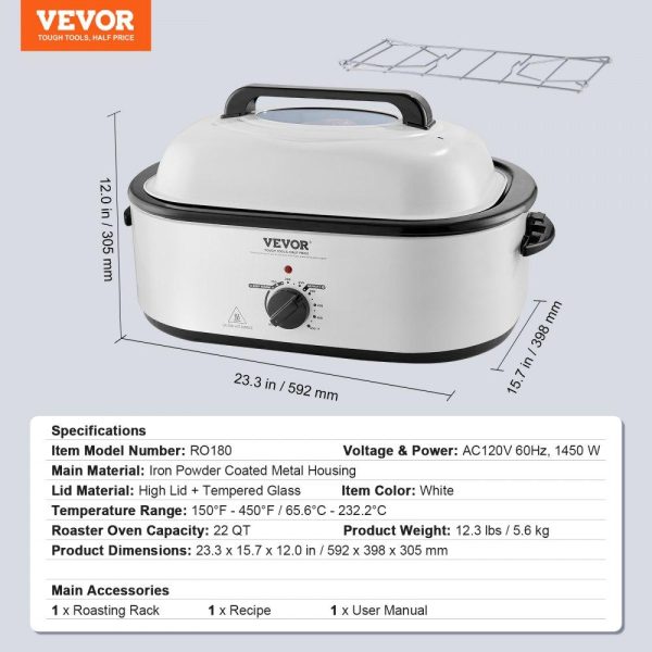 Cooking Equipment | Electric Roaster Oven, 22 QT Turkey Roaster Oven with Self-Basting Lid, 1450W Roaster Oven with Defrost & Warm Function, Adjustable Temp, Removable Pan & Rack, Fits Turkeys Up to 26LBS, White Cooking Equipment Cooking Equipment