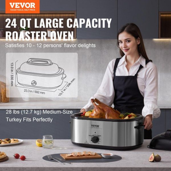 Cooking Equipment | Electric Roaster Oven, 24 QT Turkey Roaster Oven with Self-Basting Lid, 1450W Roaster Oven with Defrost & Warm Function, Adjustable Temp, Removable Pan & Rack, Fits Turkeys Up to 28LBS, Silver Cooking Equipment Cooking Equipment