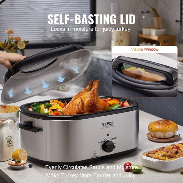 Cooking Equipment | Electric Roaster Oven, 24 QT Turkey Roaster Oven with Self-Basting Lid, 1450W Roaster Oven with Defrost & Warm Function, Adjustable Temp, Removable Pan & Rack, Fits Turkeys Up to 28LBS, Silver Cooking Equipment Cooking Equipment