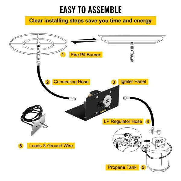 Cooking Equipment | Fire Pit Gas Burner Spark Ignition Kit, 300K BTU Fire Pit Ignition System, Stainless Steel Fire Pit Igniter, with 1/2” Key Valve with Key and Leads & Ground Wire Black Retractable Cooking Equipment Cooking Equipment