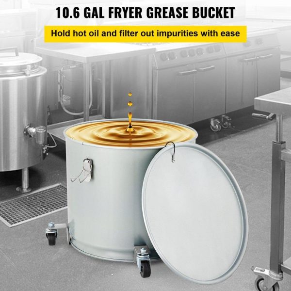 Cooking Equipment | Fryer Grease Bucket, 10.6 Gal/40 L, Coated Carbon Steel Oil Filter Pot with Caster Base, Oil Disposal Caddy with 82 LBS Capacity, Transport Container with Lid Lock Clip Nylon Filter Bag, Silver Cooking Equipment Cooking Equipment