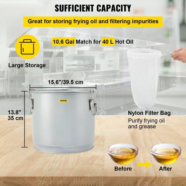 Cooking Equipment | Fryer Grease Bucket, 10.6 Gal/40 L, Coated Carbon Steel Oil Filter Pot with Caster Base, Oil Disposal Caddy with 82 LBS Capacity, Transport Container with Lid Lock Clip Nylon Filter Bag, Silver Cooking Equipment Cooking Equipment