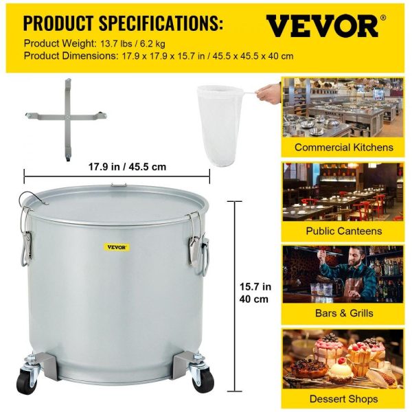 Cooking Equipment | Fryer Grease Bucket, 10.6 Gal/40 L, Coated Carbon Steel Oil Filter Pot with Caster Base, Oil Disposal Caddy with 82 LBS Capacity, Transport Container with Lid Lock Clip Nylon Filter Bag, Silver Cooking Equipment Cooking Equipment