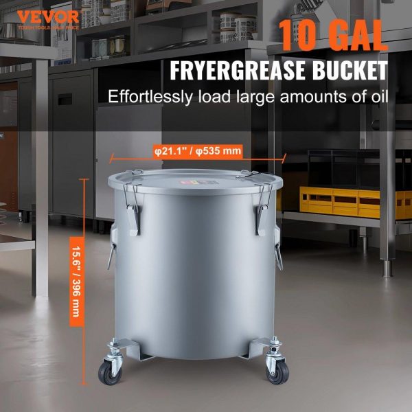 Cooking Equipment | Fryer Grease Bucket, 10 Gal Oil Disposal Caddy with Caster Base, Carbon Steel Rust-Proof Coating, Oil Transport Container with Lid, Lock Clips, Filter Bag for Hot Cooking Oil Filtering, Gray Cooking Equipment Cooking Equipment