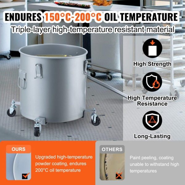 Cooking Equipment | Fryer Grease Bucket, 10 Gal Oil Disposal Caddy with Caster Base, Carbon Steel Rust-Proof Coating, Oil Transport Container with Lid, Lock Clips, Filter Bag for Hot Cooking Oil Filtering, Gray Cooking Equipment Cooking Equipment