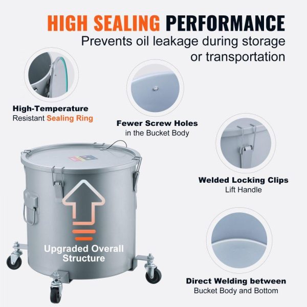 Cooking Equipment | Fryer Grease Bucket, 10 Gal Oil Disposal Caddy with Caster Base, Carbon Steel Rust-Proof Coating, Oil Transport Container with Lid, Lock Clips, Filter Bag for Hot Cooking Oil Filtering, Gray Cooking Equipment Cooking Equipment