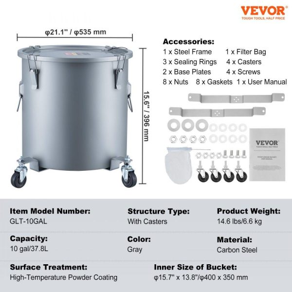 Cooking Equipment | Fryer Grease Bucket, 10 Gal Oil Disposal Caddy with Caster Base, Carbon Steel Rust-Proof Coating, Oil Transport Container with Lid, Lock Clips, Filter Bag for Hot Cooking Oil Filtering, Gray Cooking Equipment Cooking Equipment