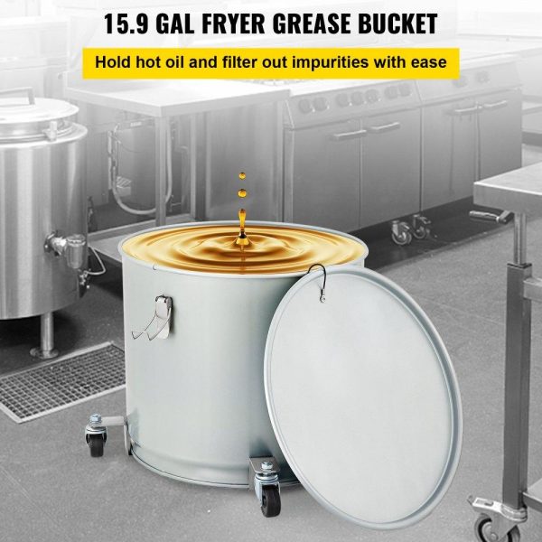 Cooking Equipment | Fryer Grease Bucket, 15.9 Gal/60 L, Coated Carbon Steel Oil Filter Pot with Caster Base, Oil Disposal Caddy with 123 LBS Capacity, Transport Container with Lid Lock Clip Nylon Filter Bag, Silver Cooking Equipment Cooking Equipment