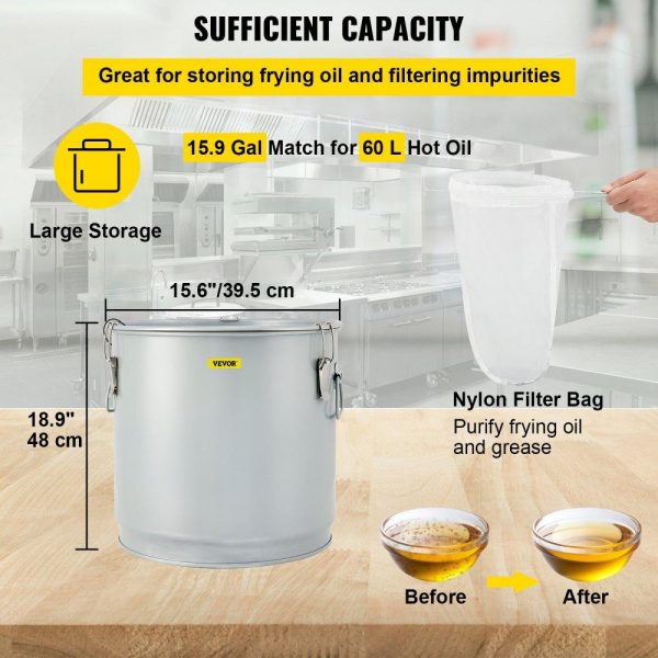 Cooking Equipment | Fryer Grease Bucket, 15.9 Gal/60 L, Coated Carbon Steel Oil Filter Pot with Caster Base, Oil Disposal Caddy with 123 LBS Capacity, Transport Container with Lid Lock Clip Nylon Filter Bag, Silver Cooking Equipment Cooking Equipment