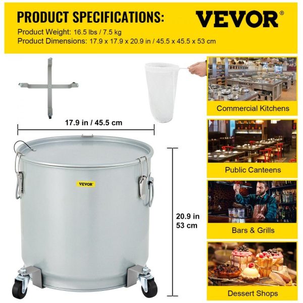 Cooking Equipment | Fryer Grease Bucket, 15.9 Gal/60 L, Coated Carbon Steel Oil Filter Pot with Caster Base, Oil Disposal Caddy with 123 LBS Capacity, Transport Container with Lid Lock Clip Nylon Filter Bag, Silver Cooking Equipment Cooking Equipment