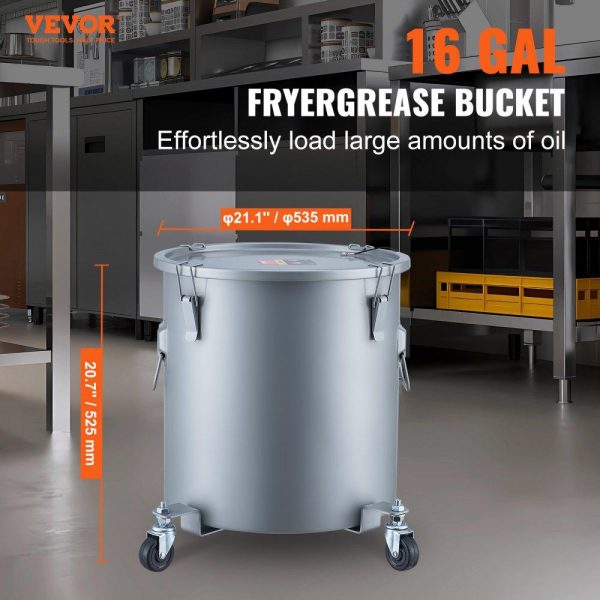 Cooking Equipment | Fryer Grease Bucket, 16 Gal Oil Disposal Caddy with Caster Base, Carbon Steel Rust-Proof Coating, Oil Transport Container with Lid, Lock Clips, Filter Bag for Hot Cooking Oil Filtering, Gray Cooking Equipment Cooking Equipment