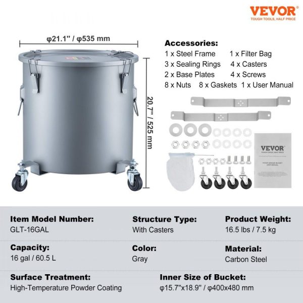 Cooking Equipment | Fryer Grease Bucket, 16 Gal Oil Disposal Caddy with Caster Base, Carbon Steel Rust-Proof Coating, Oil Transport Container with Lid, Lock Clips, Filter Bag for Hot Cooking Oil Filtering, Gray Cooking Equipment Cooking Equipment