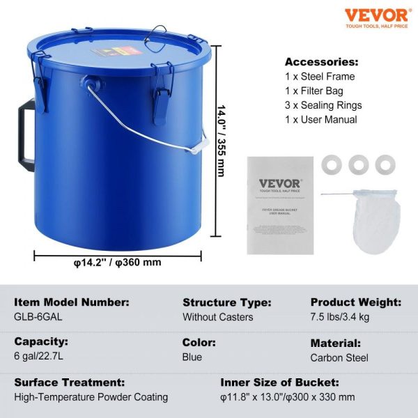 Cooking Equipment | Fryer Grease Bucket, 6 Gal Oil Disposal Caddy Carbon Steel Fryer Oil Bucket with Rust-Proof Coating, Oil Transport Container with Lid, Lock Clips, Filter Bag for Hot Cooking Oil Filtering, Blue Cooking Equipment Cooking Equipment